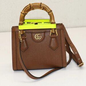 Gucci Diana Mini Tote Bag in Brown Leather Bamboo/Yellow Fluo 655661 498879